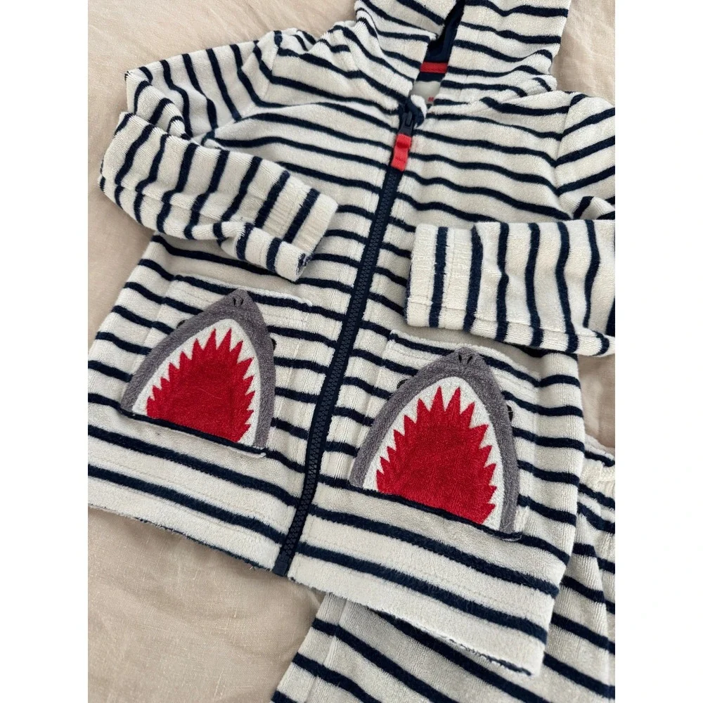 Mini Boden Kids Shark Terry Cloth Hoodie and Shorts Set Navy White Stripe 4-5Y